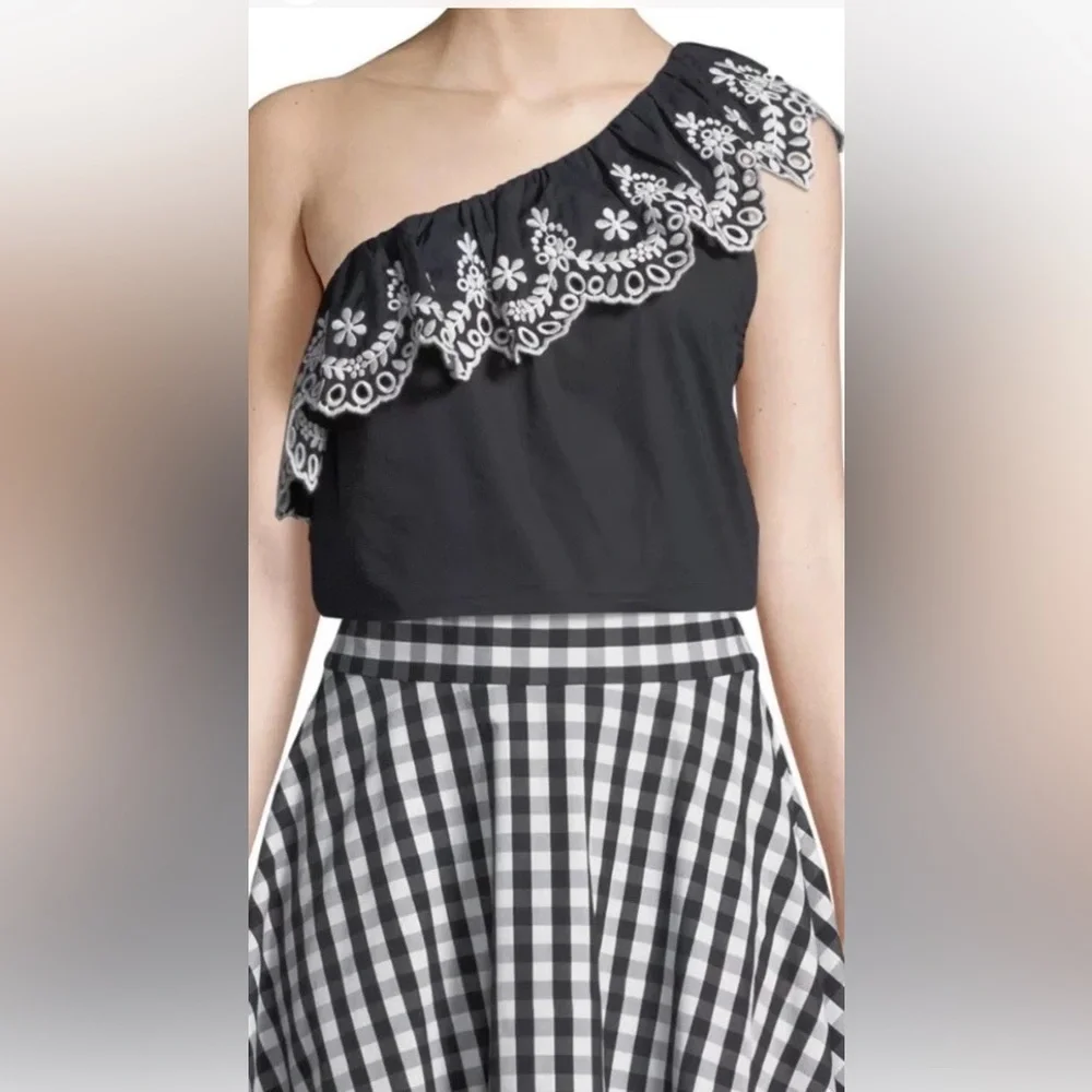 Kate Spade Black‎ One-Shoulder Top with White Embroidery